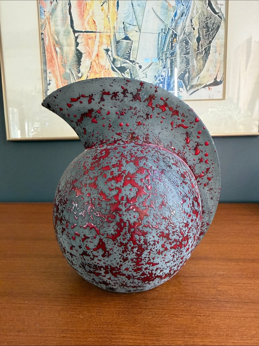 Unique, mid-century, modern pottery, red lava glaze made in Canada